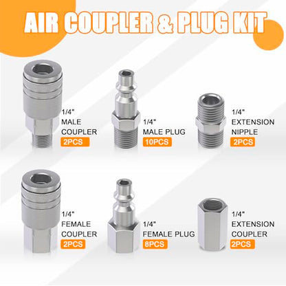Air Coupler & Plug Kit,28 Pieces 1/4" NPT Air Tool Fittings Set,Quick Connect Air Hose Fittings Air Compressor Accessories