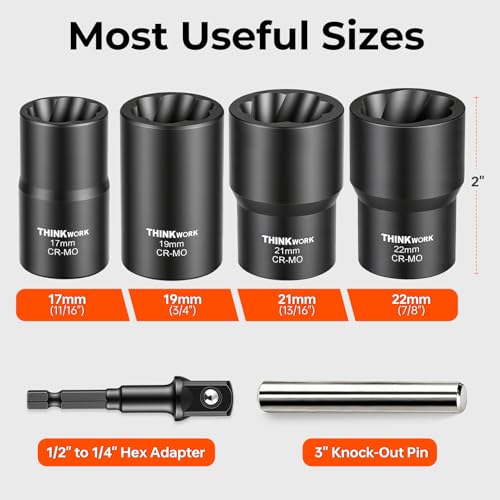 6-Piece Lug Nut Removal Tool, 1/2" Drive Wheel Lock Removal Kit | for Damaged, Rusted, Rounded-Off, Stripped Fasteners, 17-22mm, Cr-Mo, Reverse Spiral Flute, Black Oxide Coating, Storage Case - size: 5-piece