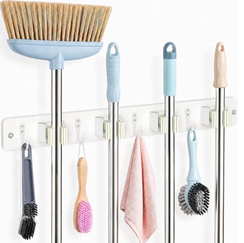 AceMining White Broom Holder Wall Mount, 4 Holders 4 Hooks Mop Holder | Mop Holder Wall Mount and Broom Hanger for Garage, Laundry Room, Kitchen and Utility Storage - color: White, size: 1 Pack