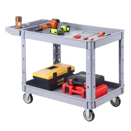 VEVOR Utility Cart, 550 lbs Capacity, 2 Tier Service Cart with 360° Swivel & Fixed Wheels (2 with Brakes), Heavy Duty Plastic Rolling with Storage Tray, Tool Storage for Garage Warehouse Workshop Gray - size: 44.88 x 24.02 x 33.07 in
