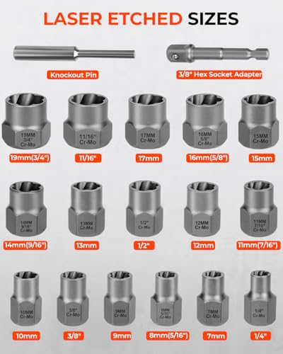 18 Piece Bolt Extractor Kit, 3/8" Drive Rounded Bolt & Nut Remover | Bolt Extractor Set with Hex Adapter-for Damaged, Frozen, Rusted Studs, Bolts, Nuts & Screws