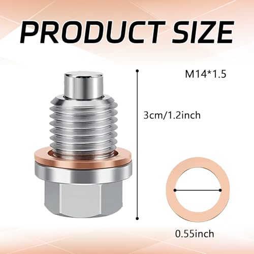 M14 x 1.5 Magnetic Oil Drain Pan Plug, Oil Pan Drain Plug Nut Bolt with 5 PCS Copper Crush Washer Gasket, Universal Engine Stainless Steel Oils Change Kit Leak-Proof Replacement for Most Vehicle - size: M14 x 1.5