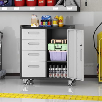 Metal Storage Cabinet for Garage, Tool Cabinet, Utility Cabinet | Wheeled, Rolling Tool Cabinet, 4 Drawers, 1 Door Lockable, Top Countertop, Assembly Required, Black & Grey - color: Black & Grey