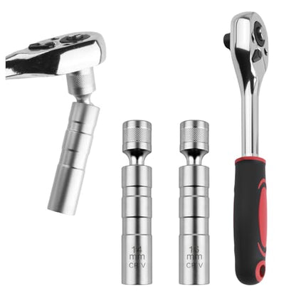 16mm & 14mm Spark Plug Socket with 3/8" Drive Ratchet Wrench | 360° Rotatable 12-Point Magnetic Spark Plug Socket Set with Thin Wall,Professional Sparks Plugs Removal Tool