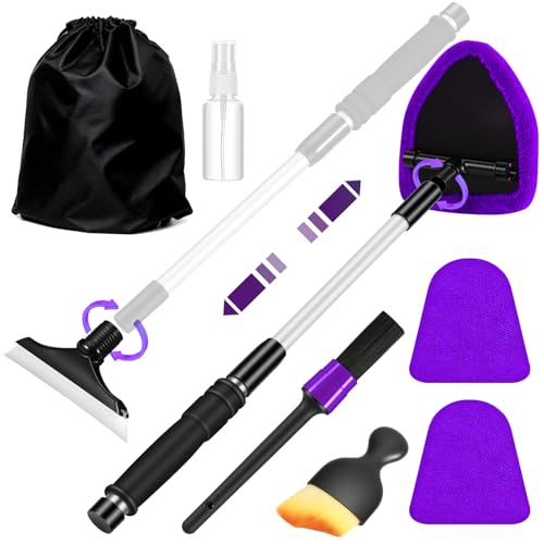 Purple Windshield Cleaner Tool, Car Interior Cleaning Kit with Extendable Handle and 3 Reusable Microfiber Pads, Auto Glass Wiper and Detailing Brush Kit for Car & Home Window - color: Purple