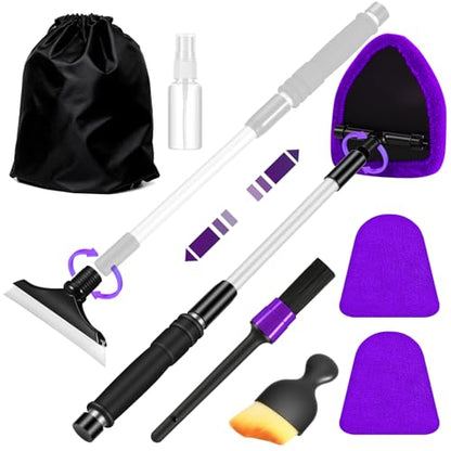 Purple Windshield Cleaner Tool, Car Interior Cleaning Kit with Extendable Handle and 3 Reusable Microfiber Pads, Auto Glass Wiper and Detailing Brush Kit for Car & Home Window - color: Purple