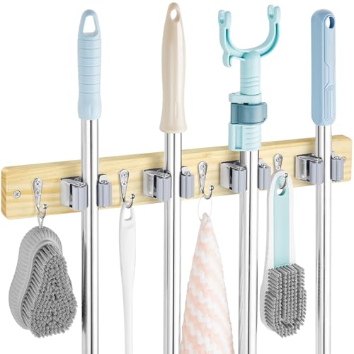 OUTNILI Mop and Broom Holder Wall Mount - Light Wood Broom Mop Hanger - Wall Mounted Garden Tool Rack Organizer for Closet Garage Laundry Room Kitchen With 4 Slots & 4 Hooks - color: Light-4 Grips, size: 1 Pack