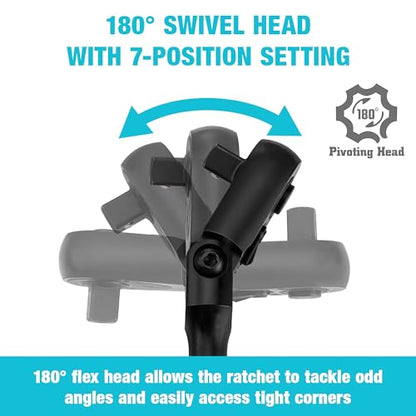 DURATECH 1/2-Inch Drive Flex-Head Ratchet, 90-Tooth Quick-Release Ratchet Wrench with 180° Pivoting Head and 7-Position Setting, Reversible, CR-V Made, CR-MO Head, 4° Swing, Black Mn Phosphate Finish - size: 1/2"(Black)