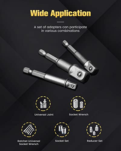 BOEN Impact Grade Socket Adapter Set, 6-PCS Drill Bit Adapter with Bit Holder, Sizes 1/4", 3/8", 1/2", 1/4-Inch SAE Hex Shank, Cr-V, for Cordless Drill & Screwdriver, Power Drill & Driver - size: 6PCS SAE