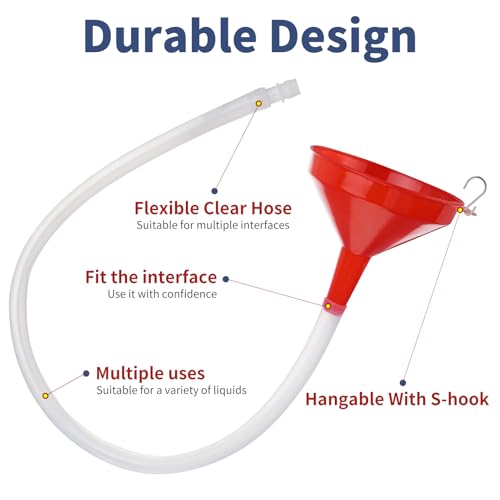 2-Pack Plastic Wide Mouth Funnels with 6.56 ft Clear Hoses & Hooks | Transmission Funnel Kit with cuttable 6.56 ft clear hoses, connectors and S-hooks, for oil, fuel, water and fluids