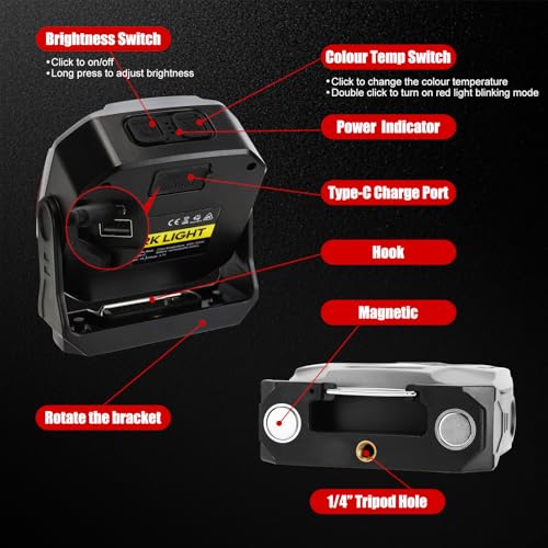 SUNPRO Magnetic Work Light Rechargeable, Portable FloodLight with Hook, Stepless Dimmable for Camping Car Repairing Emergency Job Site Lighting(1, Grey)