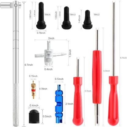 45 PCS Valve Stem Core Removal Replacement Tool Kit, Tire Valve Stem Removal Tool and TR412, TR413, TR414 Tire Snap in Short Rubber Valve Stem, 4 Way Valve Core Remover