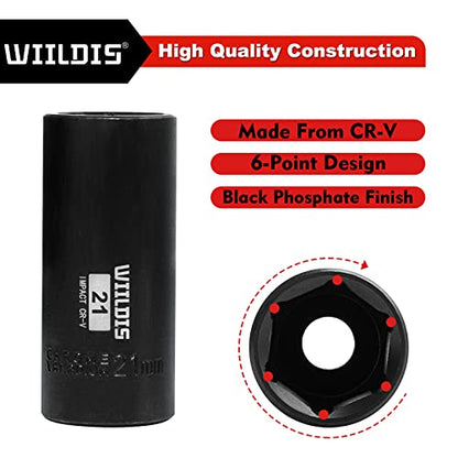 WIILDIS 14 Pieces 3/8-Inch Drive Deep Impact Socket Set, 7mm to 21mm, CR-V, Metric, 6-Point, 14 Pieces 3/8" Dr. Socket - size: METRIC - 14pcs