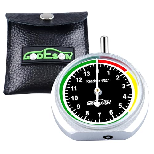 GODESON Tire Tread Depth Gauge,Dial Type Tire Depth Gauge in 32nds,Color-Coded and Easy Reading Tread Depth Gauge for Motorcycle, Car,Truck and Bus, Silver Powder-Coated Zinc Alloy Casing & Black Dial - color: Silver+Black