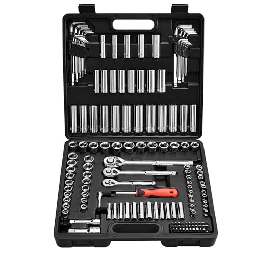 VEVOR Socket Set, 149 Pieces, 3/8 & 1/4 & 1/2 inch Drive Socket and Ratchet Set, SAE and Metric, Deep and Shallow, Mechanic Tool Kit with Bits, Accessories, Storage Case, CR-V Alloy Steel, for Repair - size: 1/4"&3/8"&1/2", style: 149 PCS