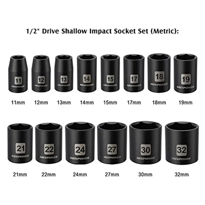 MIXPOWER 14 Pieces 1/2-Inch Drive Shallow Impact Socket Set, 11-32mm, CR-V, Metric, 6 Point, Shallow, 14 Pieces 1/2" Dr. Shallow Socket - size: 11.0 mm - 32.0 mm (Shallow, 14PCS)