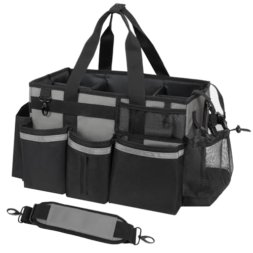 SCAVATA Wearable Cleaning Caddy, Cleaning Caddy Supplies Organizer with Handle & Shoulder Straps for Housekeepers, Under Sink & Car Cleaning Tool Organizers Bag with 4 Foldable Divider (MediumGrey) - color: MediumGrey