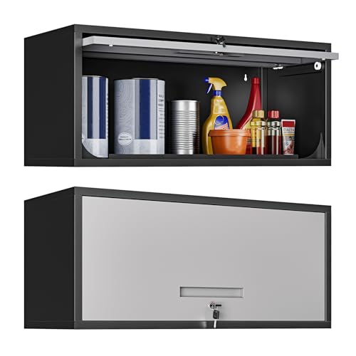 Yizosh Metal Garage Wall Cabinet with Doors, Wall Mounted Metal Storage Cabinet, Floating Garage Tool Cabinet for Garage, Basement, Kitchen, Warehouse (Black Gray, 13.7" H) - color: Gray Black, size: 13"D x 32"W x 14"H