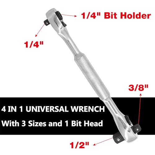 MacWork 4-in-1 Wrench and Universal Socket Set, 1/4", 3/8", 1/2" Drive and 1/4" Drive Bit Driver Ratchet Handle, 72-Tooth, with Universal Socket(7-19mm), Phillips #2 & Slotted 1/4" Screwdriver Bit
