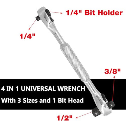 MacWork 4-in-1 Wrench and Universal Socket Set, 1/4", 3/8", 1/2" Drive and 1/4" Drive Bit Driver Ratchet Handle, 72-Tooth, with Universal Socket(7-19mm), Phillips #2 & Slotted 1/4" Screwdriver Bit