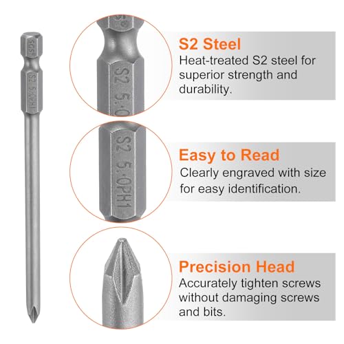 HARFINGTON 5pcs #1 Phillips Screwdriver Bit PH1 1/4" Hex Shank 4" (100mm) Long Magnetic S2 Steel Industrial Grade Screw Driver Bit Cross Head Electric Drill Bits 0.197" (5mm) Rod - size: PH1 x 100mm x 5mm