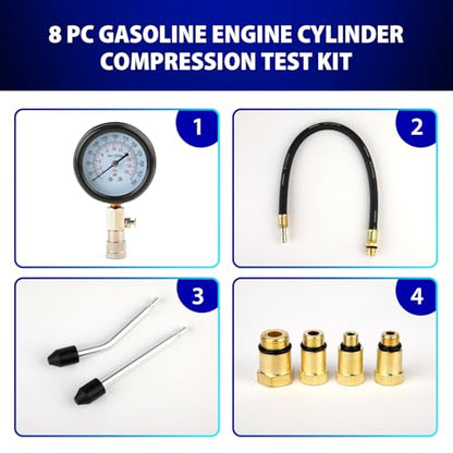 Compression Tester, 8pcs Engine Compression Tester kit Professional Petrol Gas Engine Cylinder Pressure Gauge 0-300 PSI Automotive Tool for Motorcycle Car Truck (Black) - color: 8pc-black