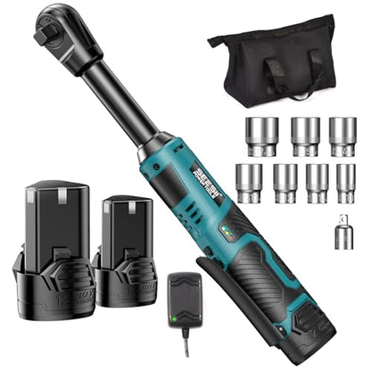 Seesii 3/8" Cordless Electric Ratchet Wrench for Car Repair | 6" Long Neck, 40 ft-lbs, 220 RPM, 2×2.0Ah Batteries & Fast Charger, 7 Sockets + 1/4" Adapter, LED Light