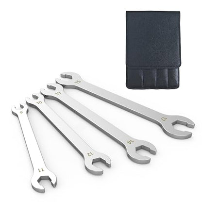 4 Piece Flare Nut Wrench Set with Leather Pouch, Metric Line Wrench Set 9x11mm 10x12mm 13x14mm 15x17mm, Cr-V Steel Brake Line Flare Nut Wrench for Plumbing Tight Confine Spaces