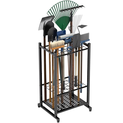 Tool Organizer for Garden, Garage Tool Organizer & Garage Organization – Heavy Duty Steel Garden Tool Organizer Stand Holds 35 Tools/Rakes/Brooms, Tool Storage Rack for Shed/Outdoor, Garage Organizer - style: Rack