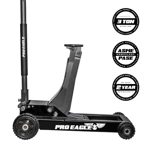 Pro Eagle 3 Ton Abrams Off Road Shop Jack - Heavy Duty Steel Hydraulic Garage Floor Jack with Big Wheels - Low Profile for Cars, Trucks & SUVs - Mechanic Jack for Gravel & Dirt