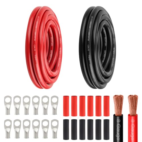 8 Awg Battery Power Cable -10FT Red + 10FT Black 8 Gauge Flexible Welding Cable OFC Copper Wire with Lugs Terminal Connectors and Heat Shrink Tube for Automotive, Battery, Inverter,Boat and Generator - color: Red+Black-10FT, size: 8AWG