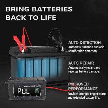 lifepo4 Charger 16-Amp Fully-Automatic Maintain,6V/12V/24V Lead-Acid(AGM/Gel/SLA)/Lithium lron LiFePO4 Trickle Charger,Pulse Repair Car Battery Charger,Deep Cycle