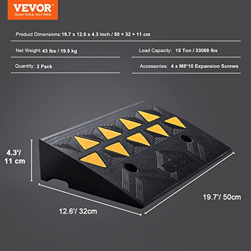 VEVOR Rubber Curb Ramp 2 Pack, 4.3" Rise Height Heavy-Duty 33069 lbs/15 T Capacity Threshold Ramps, Driveway Ramps with Stable Grid Structure for Cars, Wheelchairs, Bikes, Motorcycles - size: 4.3" H