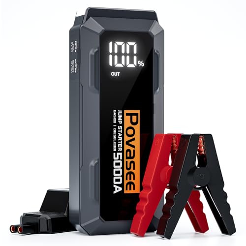 5000A Jump Starter Povasee A40 Car BatteryJump Starter, 12V Jump Box for Car Up to All Gas or 10L Diesel Engine Battery Jumper Starter Portable with 3" LCD Display Power Bank/Dual Output/LED Light - style: 5000A