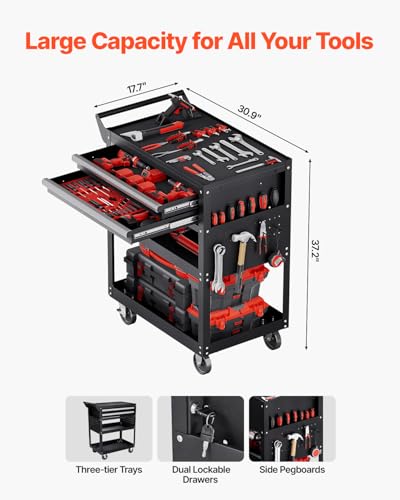 VEVOR 5-Tier Tool Cart with Wheels, 400 lbs Load Capacity, Rolling Work Cart with 2 Drawers & Pegboard, Mechanic Tool Storage Organizer with Locking System for Garage, Warehouse and Repair Shop, Black - style: 5-Tier-400 lbs with 2 Drawers