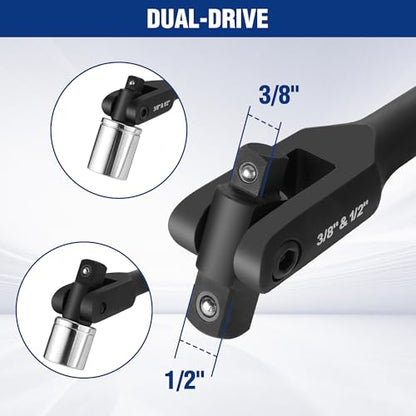WORKPRO 16-inch Dual Drive Breaker Bar, 3/8" & 1/2" Drive, Heavy Duty Breaker Bars with 360° Flex Head, Spring-loaded Detent Ball, CR-MO Head, Premium Chrome Vanadium Steel with Black Phosphate Finish - color: Black, size: 16" × Dual Drive 3/8"+1/2"
