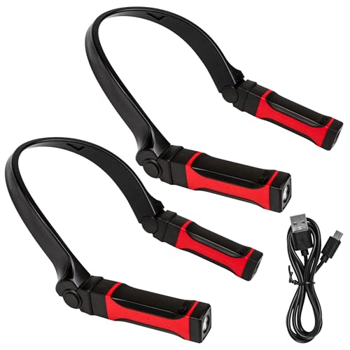 2Pcs Neck Light Detachable with Magnetic Base, Rechargeable LED Work Lamp, Hands Free Flexible Around Neck Mechanic Headlamp Flashlight with 2 Modes for Reading Repair, Gift for Men Women (Black Red)