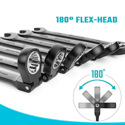 DURATECH 9-Piece Flex-Head Ratcheting Wrench Set, Combination Wrench Set, 72 Tooth, Metric, 8, 10, 11, 12, 13, 14, 15, 16, 17mm, Black Electrophoretic Coating, CR-V Steel, with Rolling Pouch - color: Black, size: 8-17mm