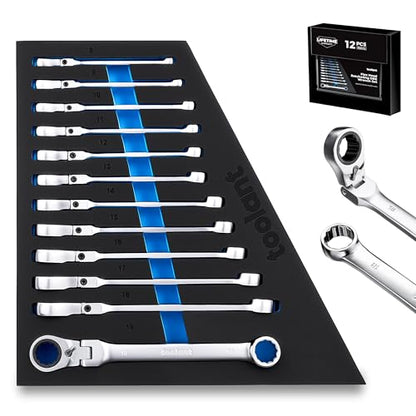 toolant 12pcs Ratcheting Wrench Set, Reversible Flex Head & Offset Head Double Box-End Ratcheting Wrench Set, 8-19mm Metric Set, 90-Teeth and 4° Swing, with Storage Tray - size: 12PCS 8-19mm