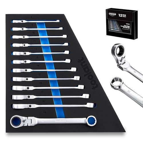 toolant 12pcs Ratcheting Wrench Set, Reversible Flex Head & Offset Head Double Box-End Ratcheting Wrench Set, 8-19mm Metric Set, 90-Teeth and 4° Swing, with Storage Tray - size: 12PCS 8-19mm
