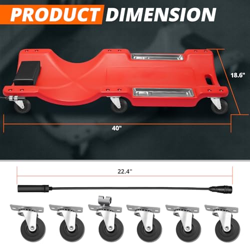 40" Low-Profile Plastic Rolling Mechanic's Floor Creeper with Built-in LED Light, Cushioned Headrest, Dual-Compartment Tool Trays, and Casters CAAP-TOLS-CRP-T2-40-RD