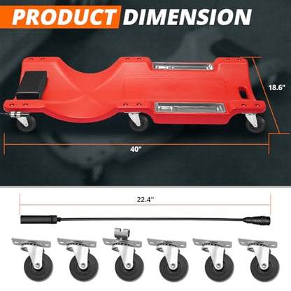 40" Low-Profile Plastic Rolling Mechanic's Floor Creeper with Built-in LED Light, Cushioned Headrest, Dual-Compartment Tool Trays, and Casters CAAP-TOLS-CRP-T2-40-RD