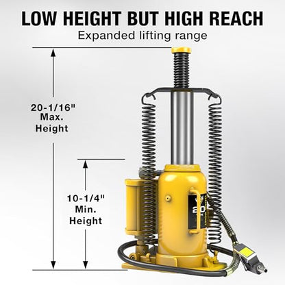 YELLOW JACKET Pneumatic Air Bottle Jack 20 Ton with Manual Hand Pump and Air Pump for Heavy Duty Auto Trucks