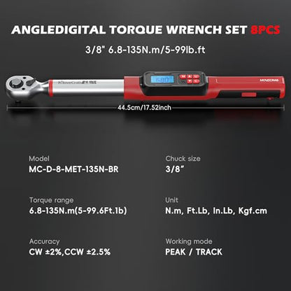 Digital Torque Wrench, 3/8" Drive 5-99.6 Ft.lb/6.8-135 N.m, Electronic Torque Wrench with Buzzer & LED Indicator, Rachet Torque Wrench Set for Bike Motorcycle Car Tire Auto Repair - size: 3/8" 5-99.6Ft.lb/6.8-135N.m