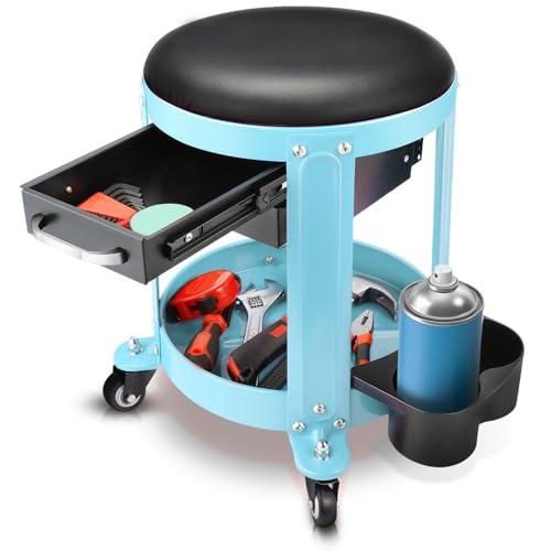 Auto Dynasty Round Mechanics Roller Seat, 300 LBS Capacity Rolling Creeper Garage Shop Seat with Drawers and Tool Tray, Mechanic Stool with Removable Padded Seat for Workshop Auto Repair, Sky Blue - color: Sky Blue