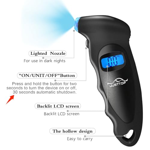 JUSTTOP Digital Tire Pressure Gauge, 150PSI 4 Setting for Cars, Trucks and Bicycles, Backlit LCD and Anti-Skid Grip for Easy and Accurate Reading(Black)