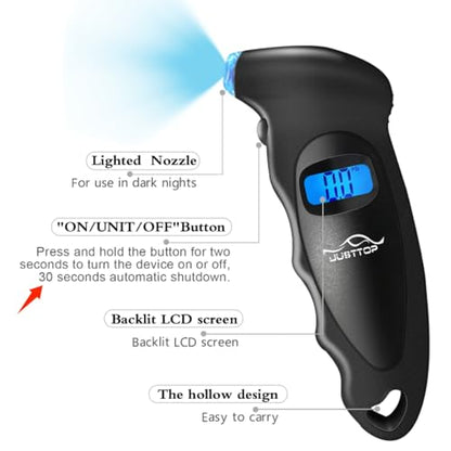 JUSTTOP Digital Tire Pressure Gauge, 150PSI 4 Setting for Cars, Trucks and Bicycles, Backlit LCD and Anti-Skid Grip for Easy and Accurate Reading(Black)