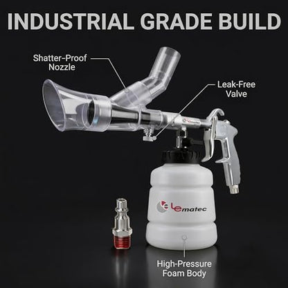 LE LEMATEC Air Tornador Car Detailing Gun & Upholstery Extractor Kit | Interior carpet vent cleaner, foam bottle, vacuum attachment, 3000 RPM, 90 PSI, 1/4" NPT compressor - size: 3,000 RPM