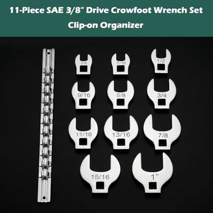11-Piece Crowsfoot Wrenches Set, SAE Sizes from 3/8" to 1" Open-End Crowfoot Wrench Set with Organizer, Drive Flare Nut Wrench Tools for Automotive Repair Work