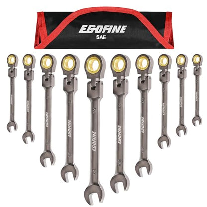 Egofine Flex Head Ratcheting Wrench Set 10 Piece, SAE Wrench Set, CR-V Steel 1/4” to 3/4” Wrench, 72-Teeth Combination wrench set, Nickel Plating Ratchet Wrenches Set with Tool Roll Bag - style: SAE-10 piece set